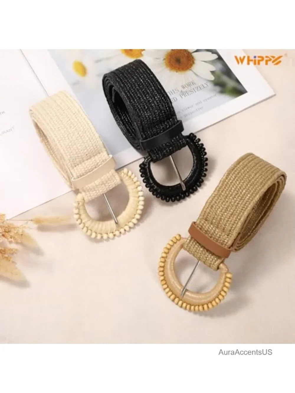 Straw Woven Elastic Waist Belts Boho Braided Skinny Dress Belt 3 Pack